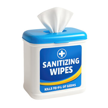 White blue sanitizing wipes container with white cloth dispenser