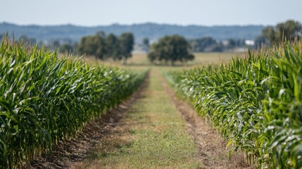 Obraz premium Cornfield With Lush Green Rows Under Clear Sky. Agricultural Landscape Showcasing Crop Growth And Farming