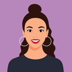 Vector illustration of a smiling young woman with hoop earrings, bun hairstyle, and black top on a purple background. Perfect for avatars, profile pictures, or character icons.