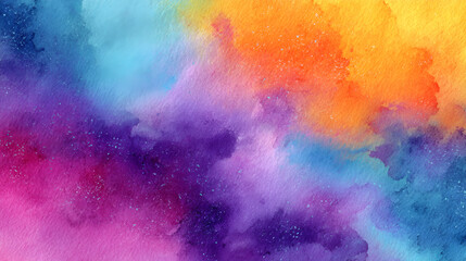 Fototapeta premium Vivid watercolor wash with pink purple blue orange and yellow hues creating a blended textured abstract background