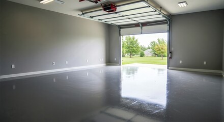 Empty garage with epoxy floor and open door revealing yard, reminiscent of unfurnished apartments awaiting personal touch