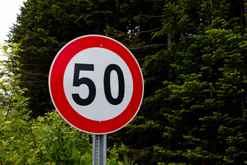 50 kmh speed limit sign amongst lush green trees