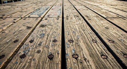 Rusty nails and faded signage adorn weathered pier planks at Shopping Piers with warm brown hues