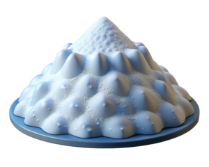 White powdered sugar mountain heap on blue plate culinary still life dessert topping sweetness 3d illustration isolated on transparent background