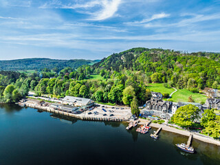Windermere Lake from drone over Fell Foot Park, Lake District, Cumbria, England