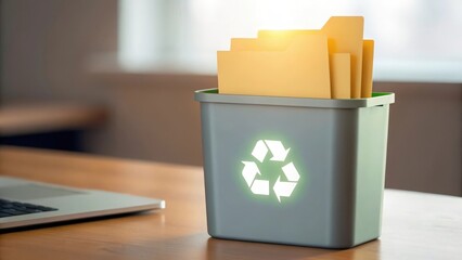 Cursor dragging files into glowing recycle bin — freeing up disk space illustration
