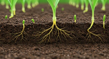 Time-lapse of root hairs growing in dark soil with small green shoots sprouting from the ground in response to moisture