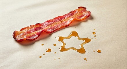 Crispy bacon strip leaving a star-shaped grease stain on brown paper alongside maple syrup puddle