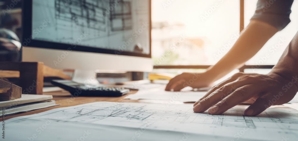 Poster the engineer reviewing architectural blueprints on a workspace desk.