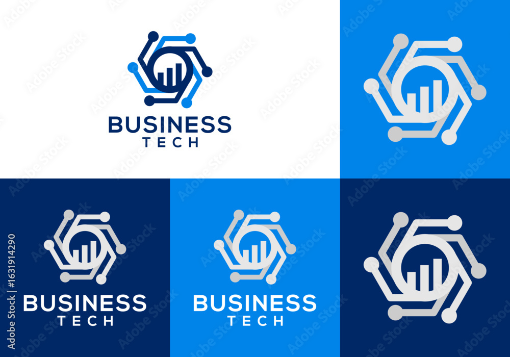 Poster collection of vector icons of bar diagram logos with hexagon technology circuits