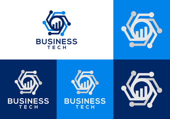 Collection of vector icons of bar diagram logos with hexagon technology circuits