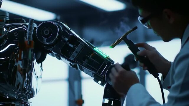 robot being built in a high-tech lab, with glowing circuits and futuristic tools"