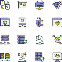 Networking and Big Data or Network Set of Color Outline Icons Packs or Illustrations