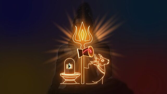 Goddess Shiva with Trident Shivling Cow and Dugdugi Animation Glow Lighting Effects. God Shiv Shankar Festival Celebration Animation Background