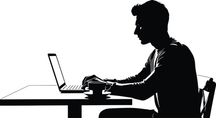 Silhouette of man working on laptop with coffee cup on table against white background in monochrome style