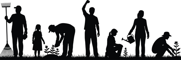 Gardening, silhouette, teamwork, community, family, outdoor, nature, conservation, planting, watering, raking, bonding, garden, tools, activity, togetherness, environment