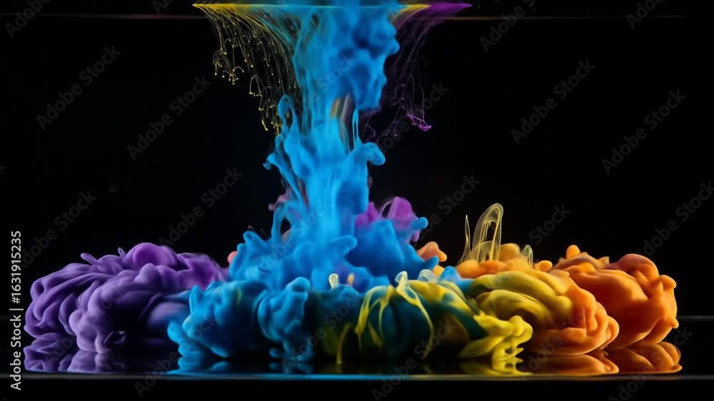 Poster colorful ink plumes in water abstract composition on black background create dynamic and artistic vi