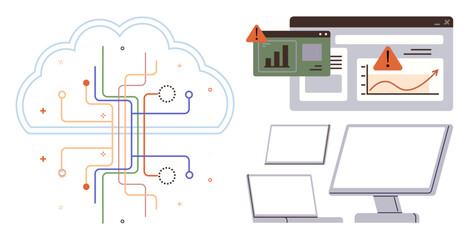 Digital cloud with circuit lines connecting to devices, error alerts on dashboards, visualizing data. Ideal for technology, analytics, cloud computing, data science, cybersecurity, AI IT workflows