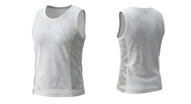 A breathable white athletic tank top mockup, showcasing a sleeveless design perfect for sports, fitness and active lifestyle apparel with a transparent background.
