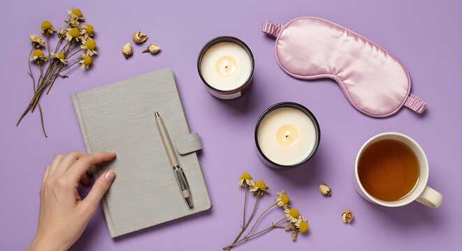 Relaxing evening with candles, journal, tea and sleep mask on a purple background