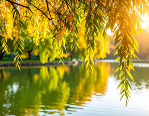 Golden Willow Branches Over a Calm Reflective Autumn Lake