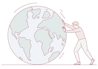A figurative representation of a person pushing the Earth, symbolizing global responsibility and sustainability.
