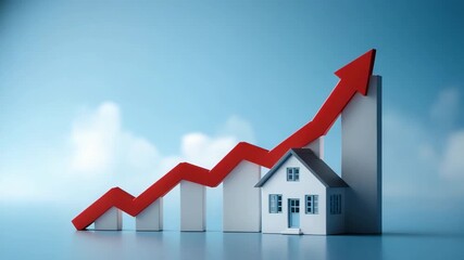 Red arrow over house and bar graph indicating real estate growth and market trends
