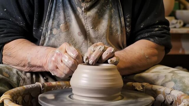 An artisan potter's experienced hands skillfully mold wet clay on a spinning wheel, shaping a new ceramic vessel in a traditional workshop.