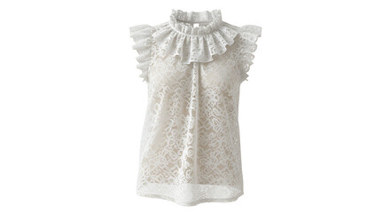 Elegant white lace blouse with ruffled collar and sleeves showcases delicate, feminine fashion on a transparent background.