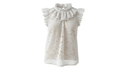 Elegant white lace blouse with ruffled collar and sleeves showcases delicate, feminine fashion on a transparent background.