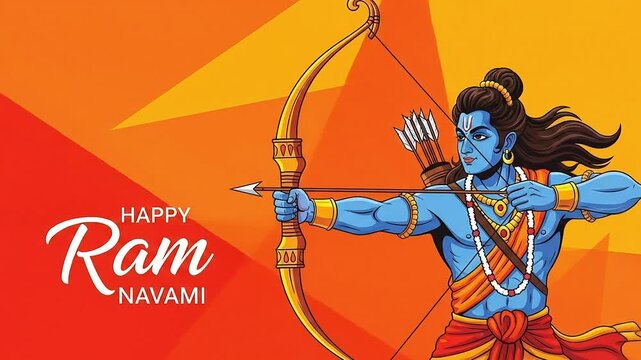Vibrant illustration of the Hindu god Rama aiming his bow and arrow. Heroic depiction for the Happy Ram Navami festival celebration greeting.