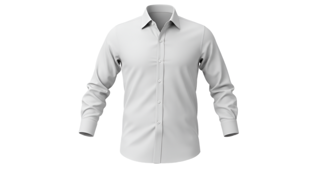 Crisp white dress shirt on transparent backdrop, perfect for showcasing apparel designs and formal wear presentations with a clean, modern aesthetic, transparent background