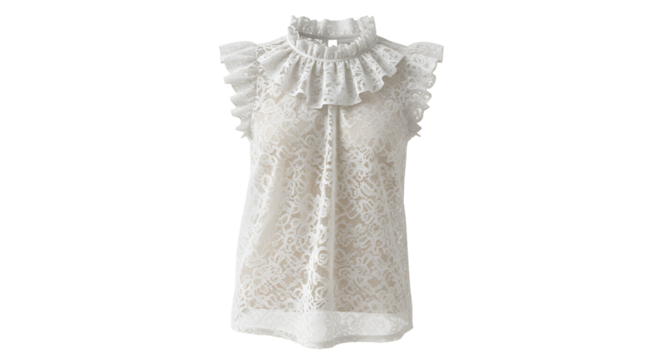 Elegant white lace blouse with ruffled collar and sleeves showcases delicate, feminine fashion on a transparent background.