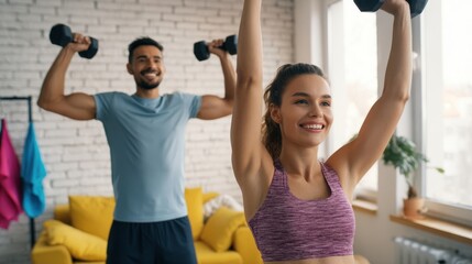 The joyful fitness couple exercising with dumbbells at home together.