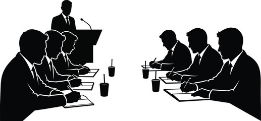 Silhouette illustration of a business meeting with speaker and attendees taking notes in black and white style