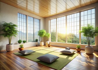 Fototapeta premium Serene Minimalist Meditation Room: Soft Natural Light, Calm Atmosphere, Mindfulness Space