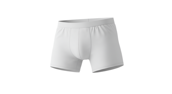 A pair of white men's boxer briefs stands out against a stark transparent background, simple and clean for clothing presentation.