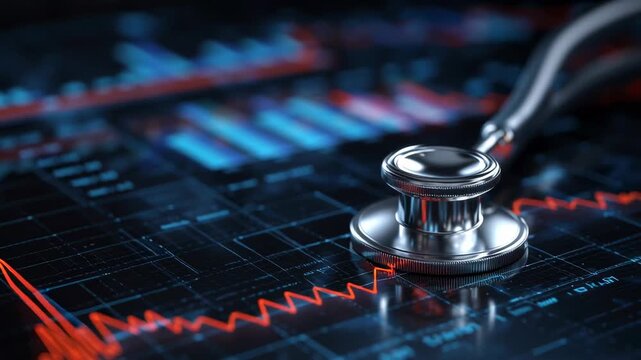 A modern medical stethoscope rests on a tablet displaying digital health data and diagnostic graphs. The image highlights the intersection of traditional medical tools and advanced health technology