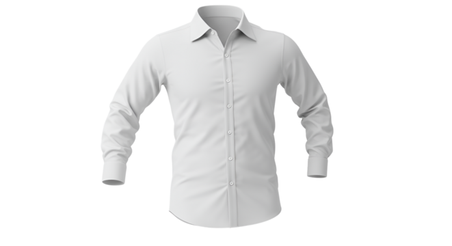 Crisp white dress shirt with long sleeves displayed against a transparent background for fashion and apparel designs. - Powered by Adobe