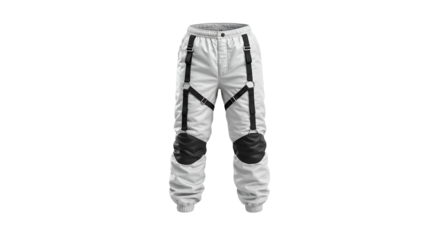Striking white cyberpunk pants feature unique black strap details and knee pads, perfect for futuristic fashion designs and apparel mockups, transparent background