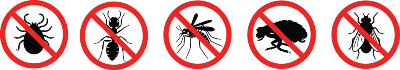 Pest Control Vector Icons, Insect Prohibition Signs, No Bugs Allowed, Mosquito Tick Ant Cockroach Fly, Red Circle Stop Symbol Illustration