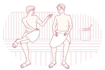 Two close friends are enjoying an engaging conversation and relaxing together in a traditional sauna atmosphere