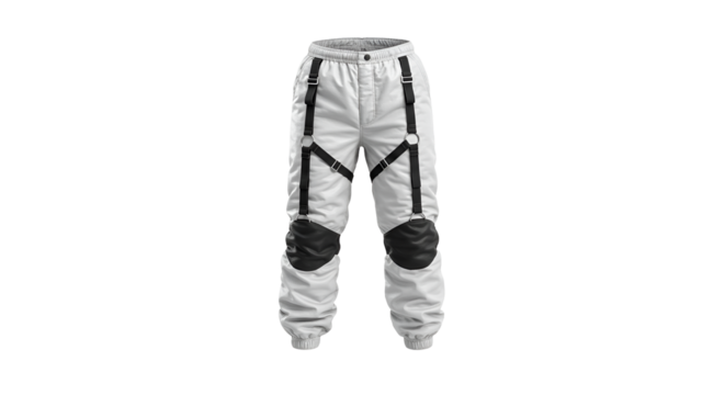 Striking white cyberpunk pants feature unique black strap details and knee pads, perfect for futuristic fashion designs and apparel mockups, transparent background