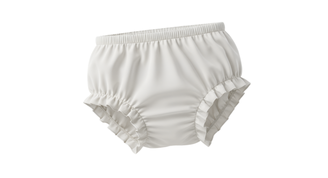 A white baby bloomer with ruffles features a soft, comfortable fit, ideal for infants clothing design, and essential newborn apparel needs, transparent background