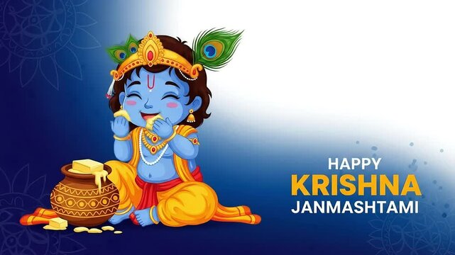 Charming vector illustration for Happy Krishna Janmashtami, showing a cute Bal Krishna eating butter from a pot. A festive graphic for a Hindu holiday.