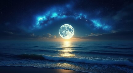 Mystical full moon rising over a calm ocean with aurora sky