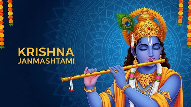 An artistic illustration of Lord Krishna playing his divine flute, a beautiful depiction for the Happy Krishna Janmashtami festival celebration on a spiritual blue background.
