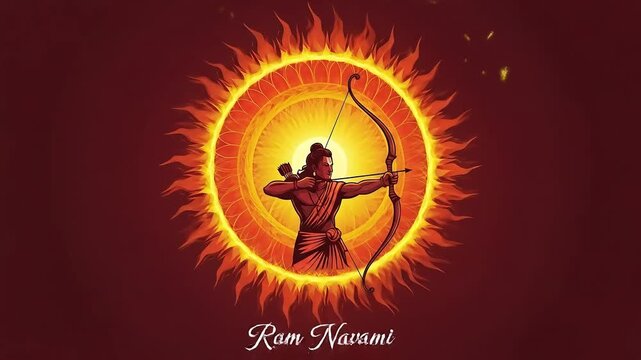A vibrant illustration of the divine archer Lord Rama with his bow and arrow, set against a radiant sun, celebrating the auspicious Hindu festival of Ram Navami.