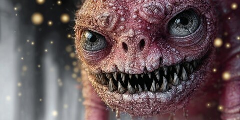 Closeup shot of a gruesome otherworldly creature with sharp triangular teeth and a menacing grin.