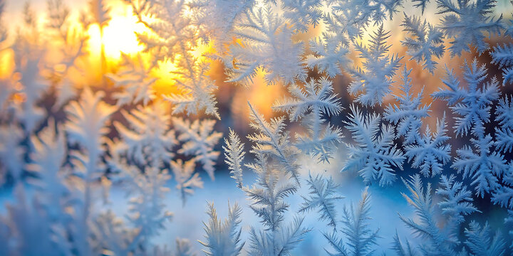Closeup of intricate frost patterns on a windowpane with warm golden sunlight shining through, creating a beautiful winter abstract - Powered by Adobe